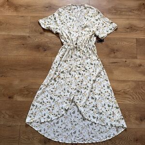 3rd + Malt Floral Midi Dress Medium Boho Short Sleeve Drawstring Waist